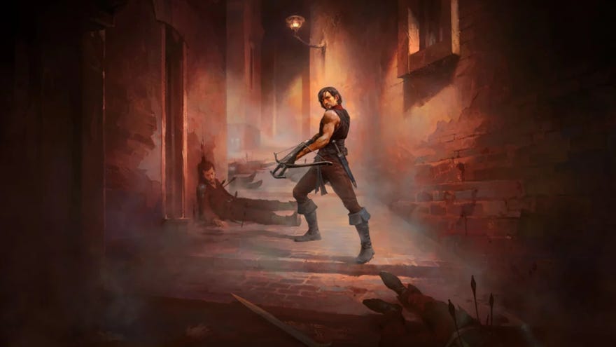 The Path of Exile 2 Mercenary stands over a dead body in an alley, crossbow at the ready.