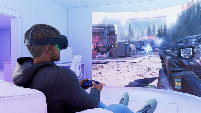 Official speculative mock-up of a person sat on the sofa playing an FPS using an Xbox controller and Meta Quest headset.