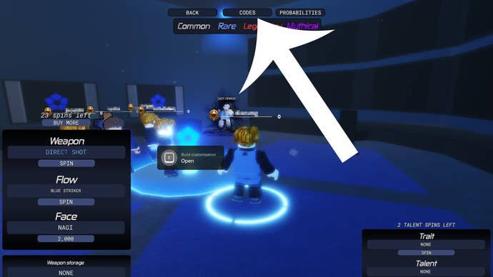 Arrow pointing at the codes button in the Roblox game Meta Lock.