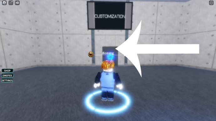 Arrow pointing at a door underneath a 'Customization' sign in the Roblox game Meta Lock.