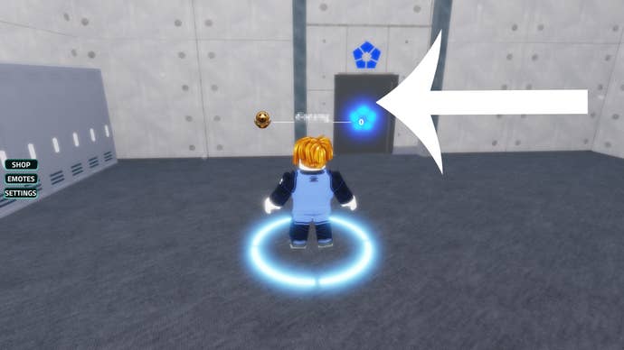 Arrow pointing at a door in the spawn area in the Roblox game Meta Lock.