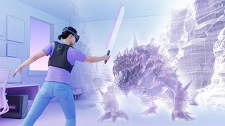 mock-up of a gaming-specific ASUS VR headset built on Meta Horizon OS. It shows a player in a room that fades into a sci-fi setting where they are holding a laser sword and facing off against a monster against a backdrop of cliff walls