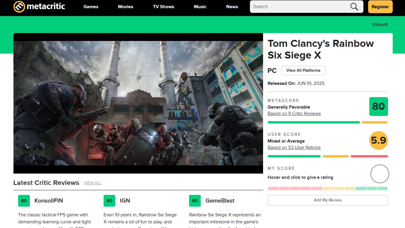 Metacritic page for Rainbow Six Siege X