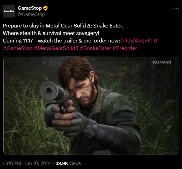 A tweet from retailer GameStop listing the release date of Meta Gear Solid Delta (17/11/2024) - 3