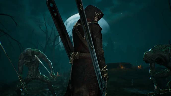 The hero of the Guy Savage minigame from Metal Gear Solid Delta Snake Eater - a hooded figure with two long swords held in a reverse grip, seen in a moonlit graveyard with pale monsters nearby.