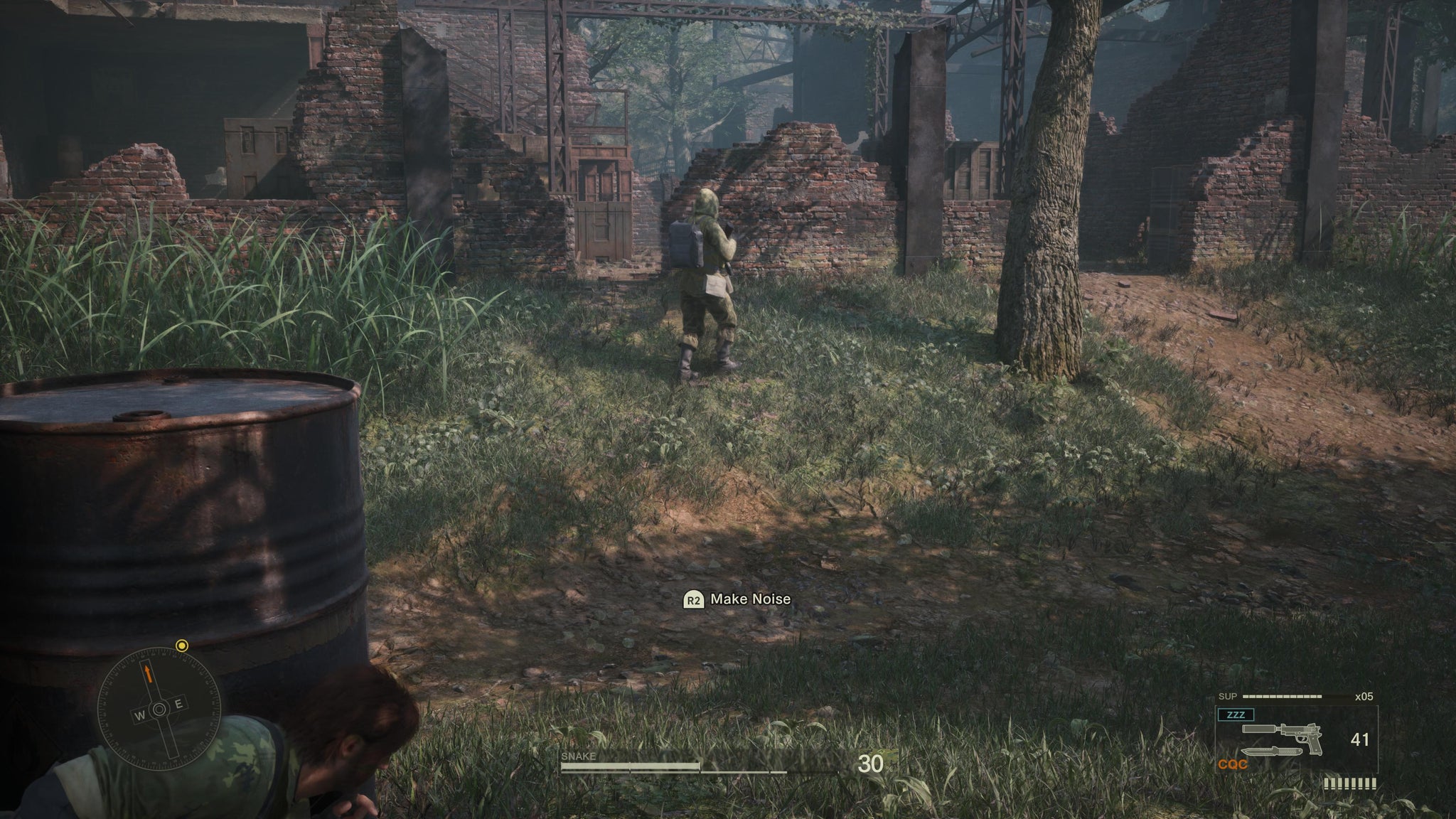 Naked Snake hiding behind a barrel to sneak up on a guard in Metal Gear Solid Delta: Snake Eater. - 3