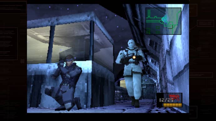 MGS Master Collection screenshot of Snake waiting behind a wall to take down a passing guard