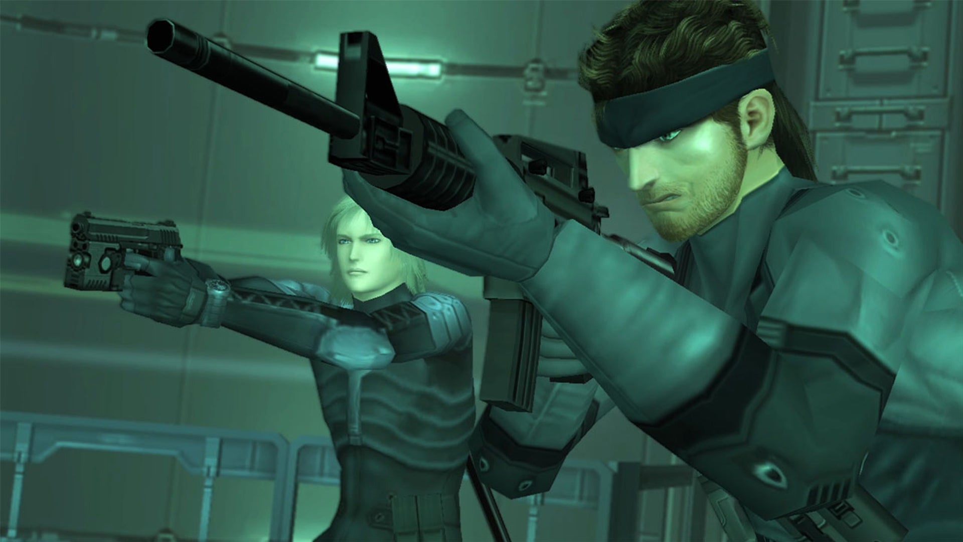 Solid Snake holds a rifle up in an iconically grey/green screenshot from Metal Gear Solid. - 3