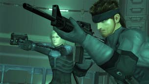 Solid Snake holds a rifle up in an iconically grey/green screenshot from Metal Gear Solid.
