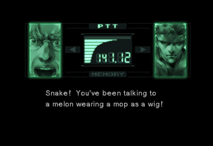 Otacon and Snake talk over the codec, with Otacon shouting about Snake mistaking a disguised melon as a human. - 8