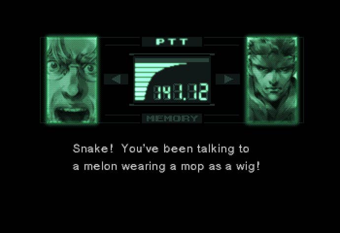 Otacon and Snake talk over the codec, with Otacon shouting about Snake mistaking a disguised melon as a human.