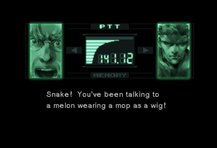 Otacon and Snake talk over the codec, with Otacon shouting about Snake mistaking a disguised melon as a human.
