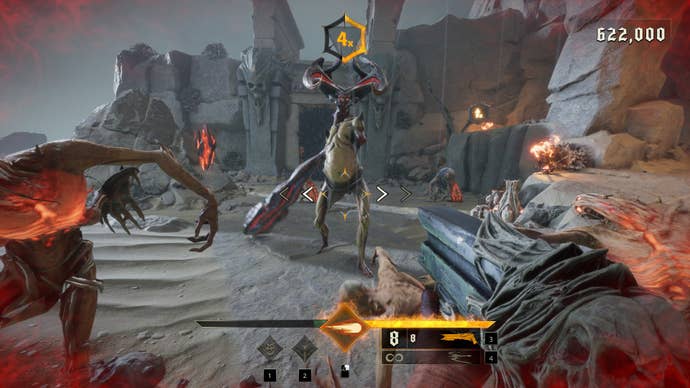 A screenshot of Metal: Hellsinger showing several beasts from hell rounding on the player who has a 4x multiplier.