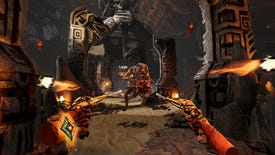 The player aims two pistols independently at a demon in Metal: Hellsinger VR.