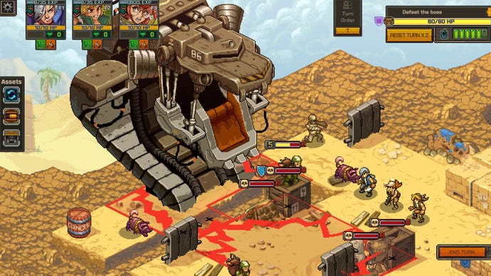 A giant robotic snake attacks the heroes in the desert.