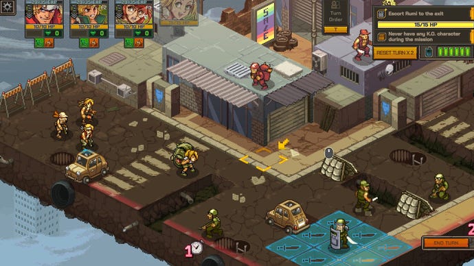 A backpack laden hero is escorted through wartorn city streets.