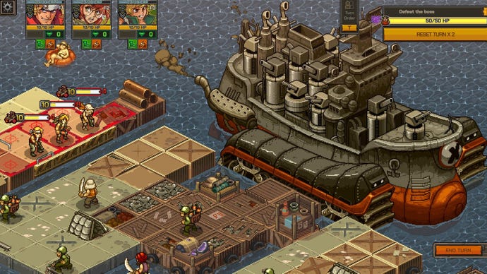 A huge metal warship is docked next to a fragile barge.