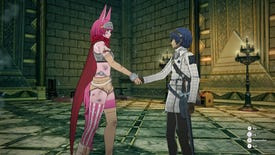 The player shakes hands with a tall bunny woman called Catherina in Metaphor: ReFantazio.