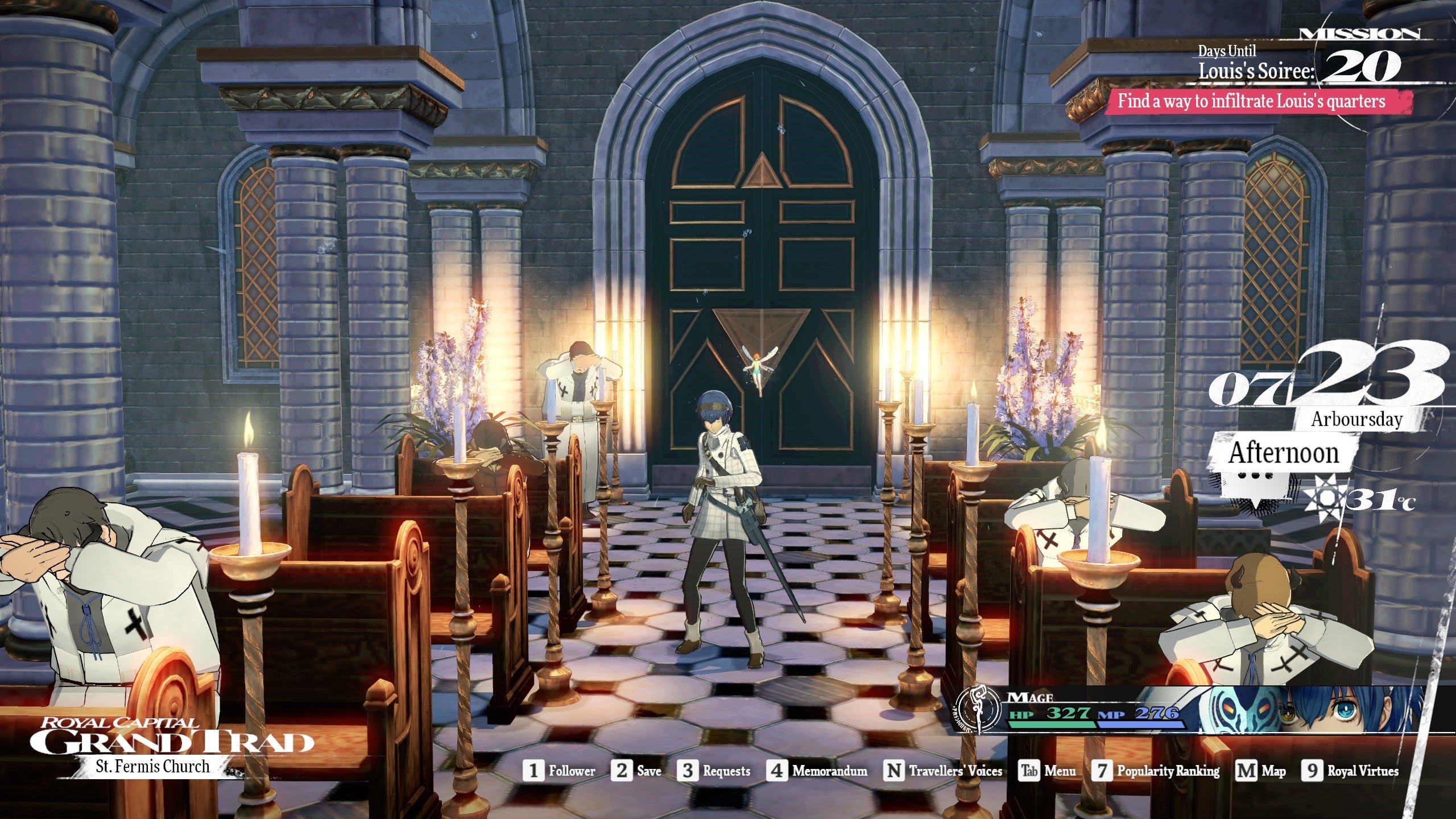 Metaphor ReFantazio's protagonist standing in a church in Grand Trad