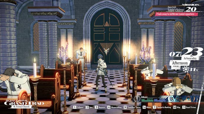 Metaphor ReFantazio’s protagonist standing in a church in Grand Trad