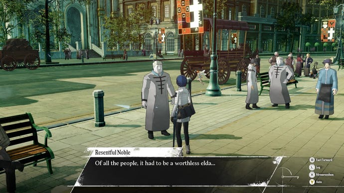 A pompous man looks down on the protagonist because they’re an Elda, in Metaphor: ReFantazio.