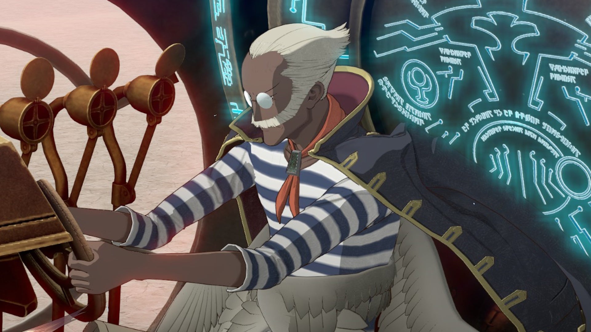 Neuras from Metaphor ReFantazio, sitting at the helm of the prince's Gauntlet Runner