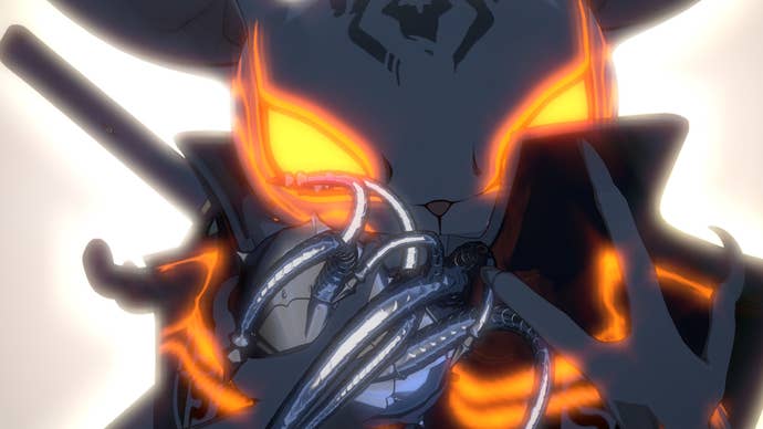 Heismay from Metaphor ReFantazio during his awakening scene, clutching a mechanical heart in his claws