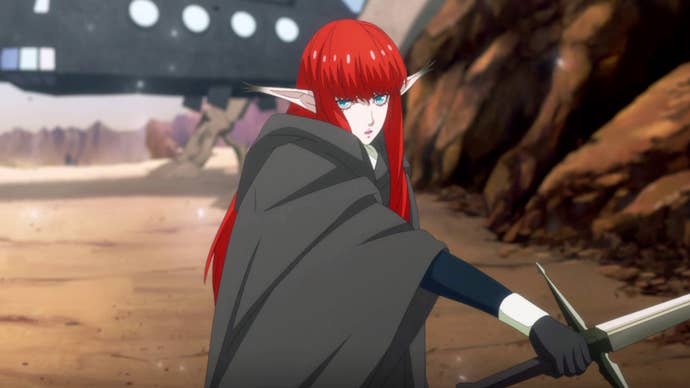 Hulkenberg from Metaphor ReFantazio’s anime prologue, wielding a sword and challenging a group of bandits