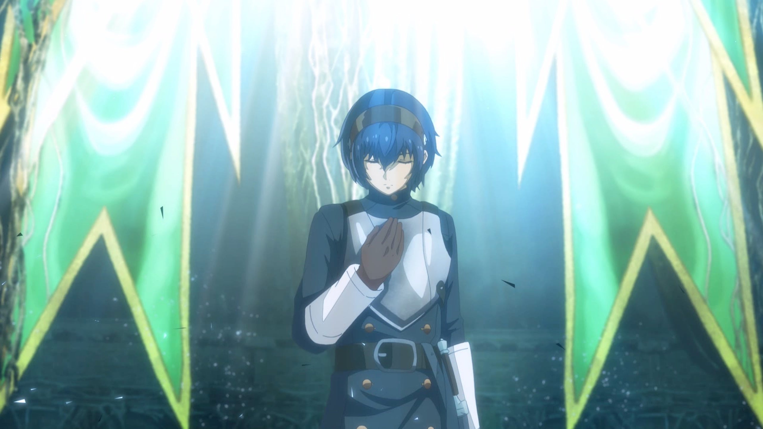 The protagonist of Metaphor ReFantazio with his hand to his chest as holy light shines around him