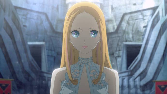 Junah in one of Metaphor ReFantazio’s anime cutscenes, taking the stage in Grad Trad to kick off the crown competition