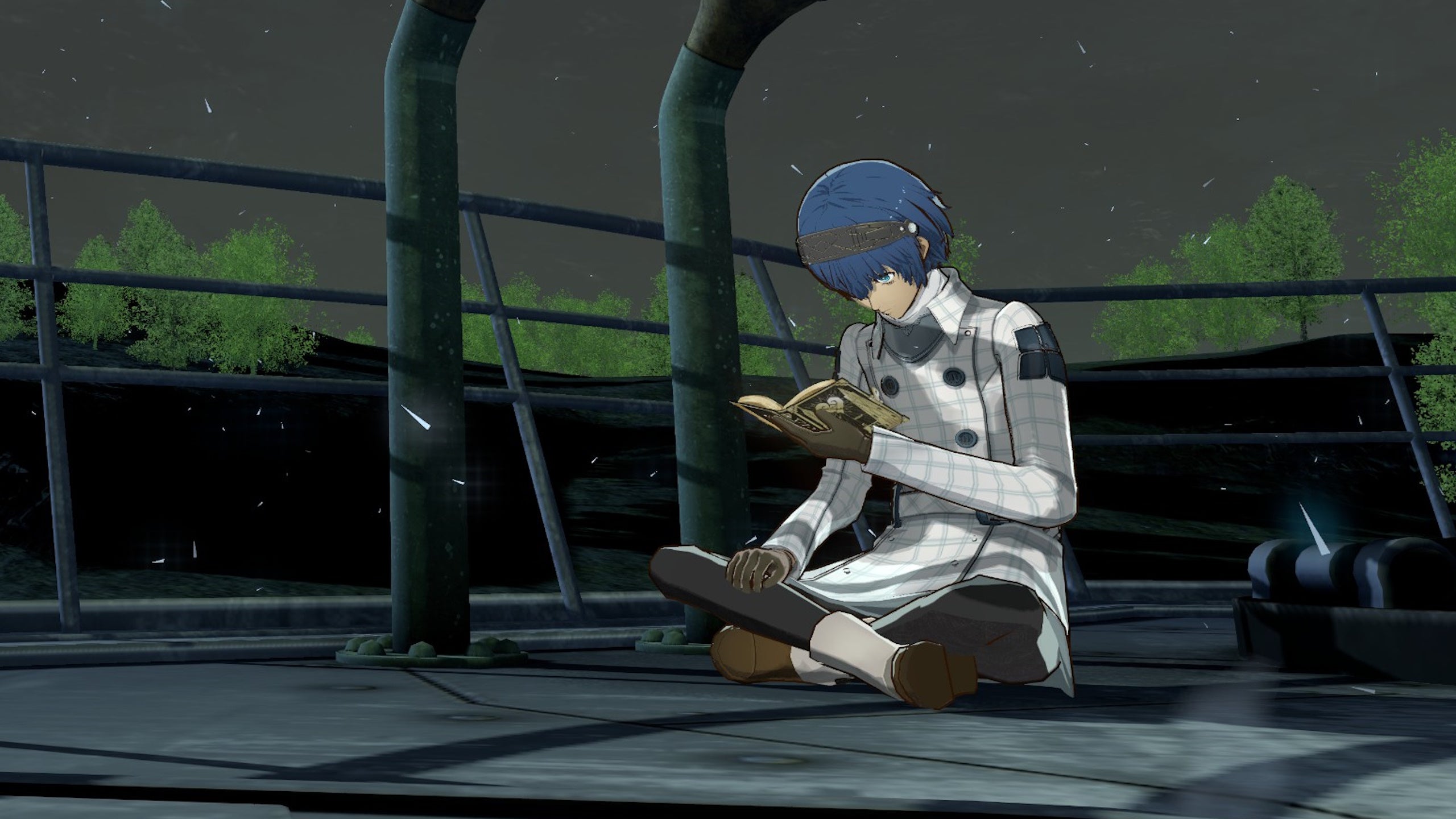 Metaphor ReFantazio's protagonist sitting on the deck of his gauntlet runner, reading a book to improve his Royal Virtues