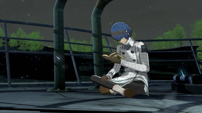 Metaphor ReFantazio’s protagonist sitting on the deck of his gauntlet runner, reading a book to improve his Royal Virtues