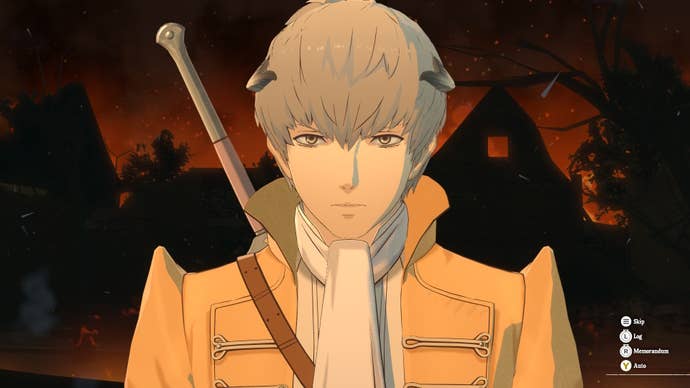 Leon Strohl from Metaphor ReFantazio, standing with his back to a burning village and looking right into the camera