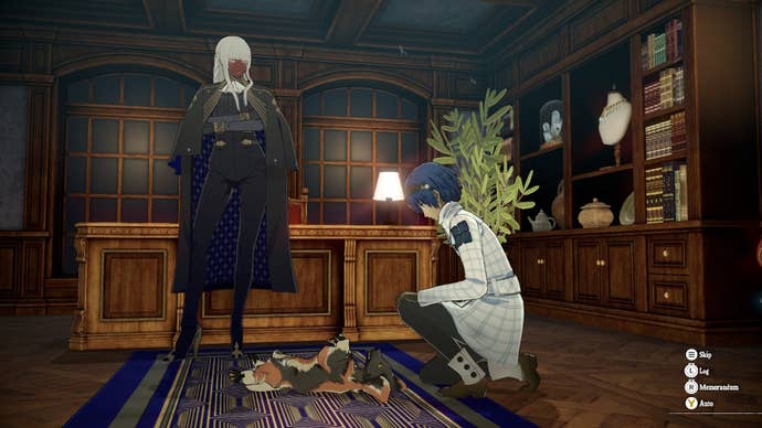 The protagonist of Metaphor ReFantazio petting a dog with Brigitta standing over them, watching