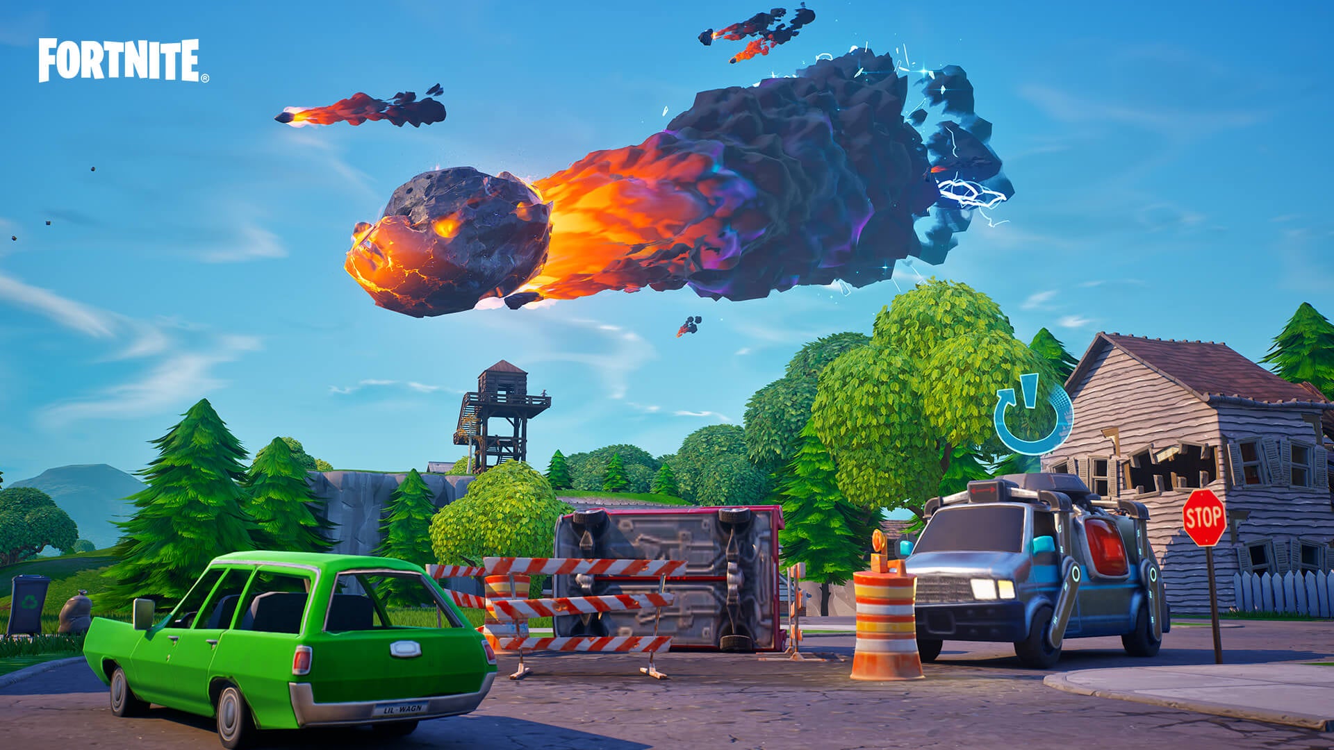 Fortnite OG screenshot showing the apocalyptic comet hanging over the Island.