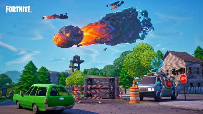Fortnite OG screenshot showing the apocalyptic comet hanging over the Island.