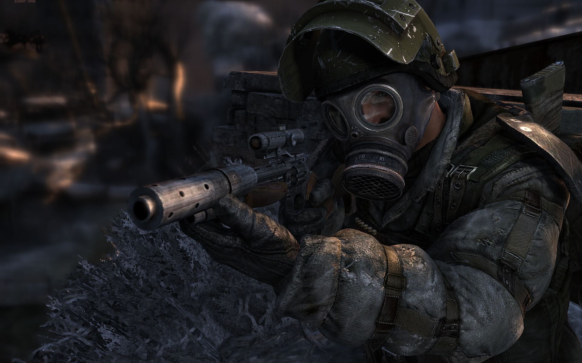 A screenshot from Metro 2033 depicting a man in a gas mask wielding a gun facing towards the camera at a short distance. - 1