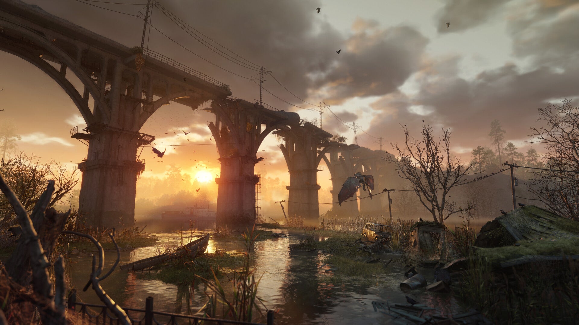 Metro 2039 official image showing a beautiful view of a ruined viaduct at sunset