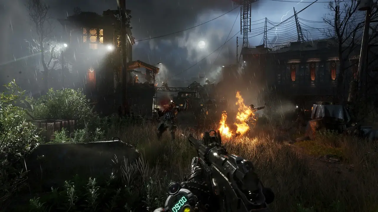 Metro 2039 official image showing you shooting at a zombie-like enemie at night, half-lit by fire