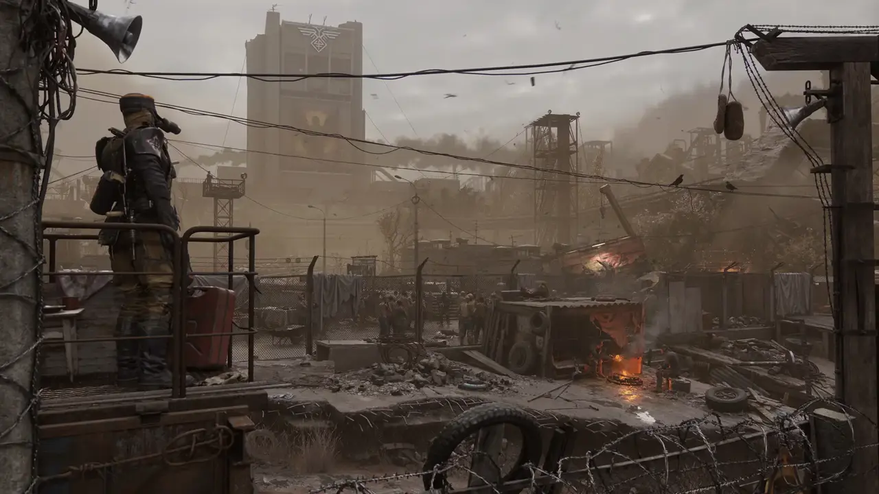 Metro 2039 official image showing a guard watching over a ruined city from a platform in the foreground