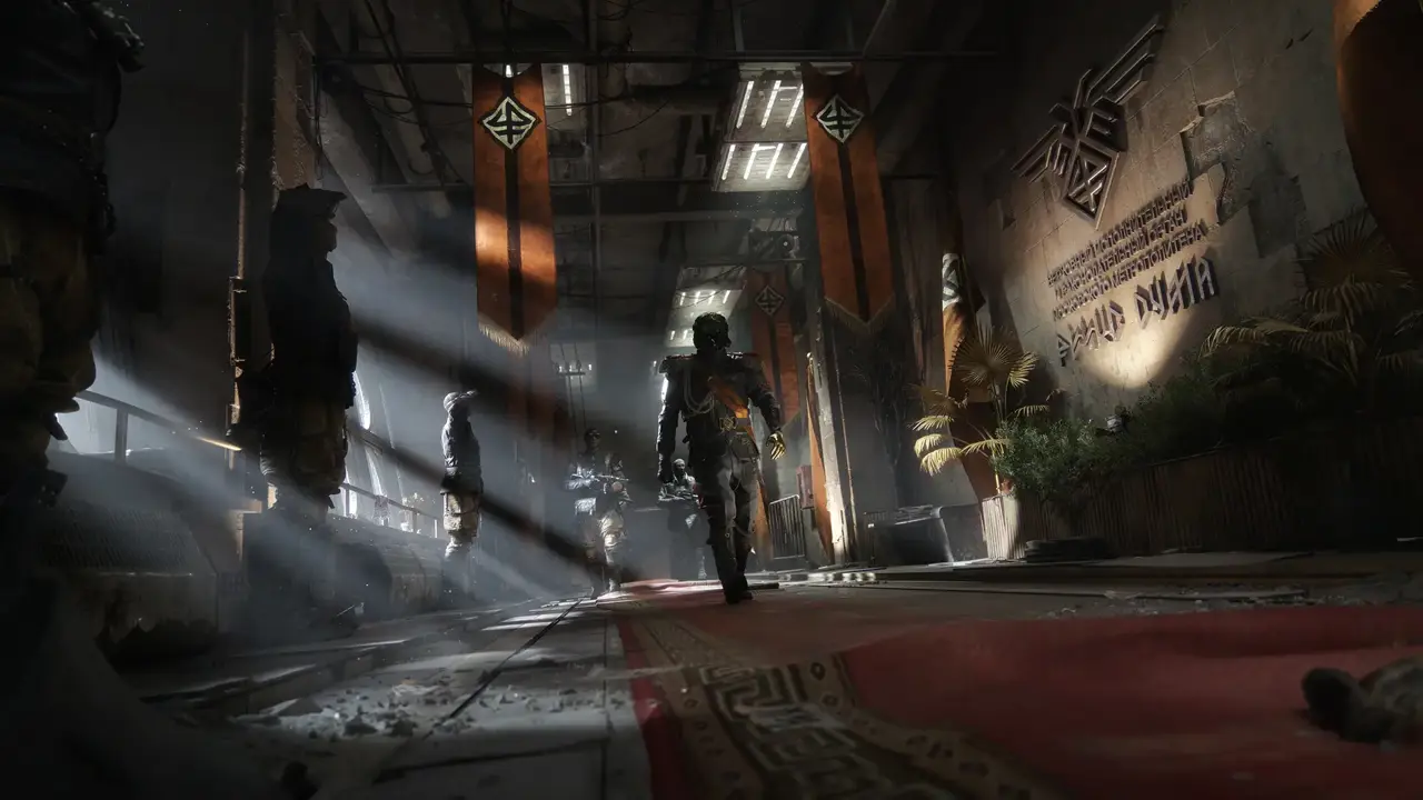 Metro 2039 official image showing a Nazi-like officer walking down a corridor with Nazi-like banners and imagery