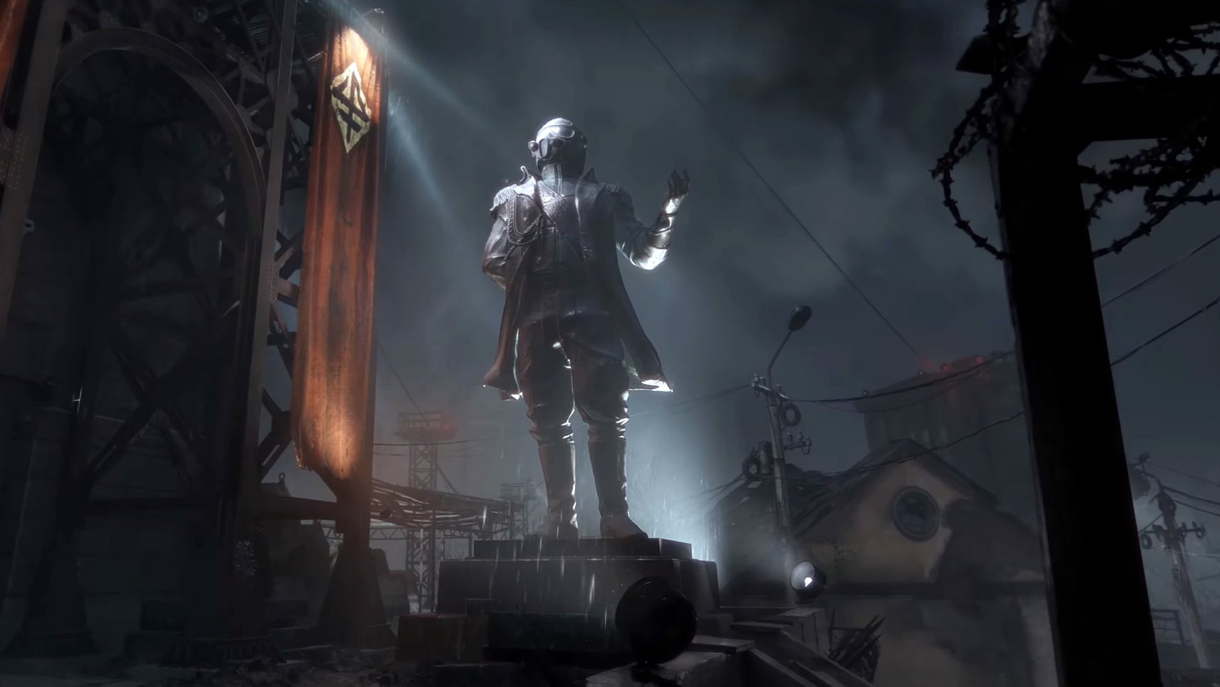Metro 2039 screenshot showing a statue of its antagonist, the underground's Führer, bathed in moody light.