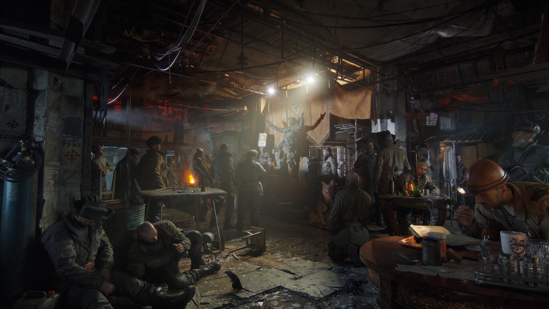 Metro 2039 official image showing a meeting of NPCs in a dark room