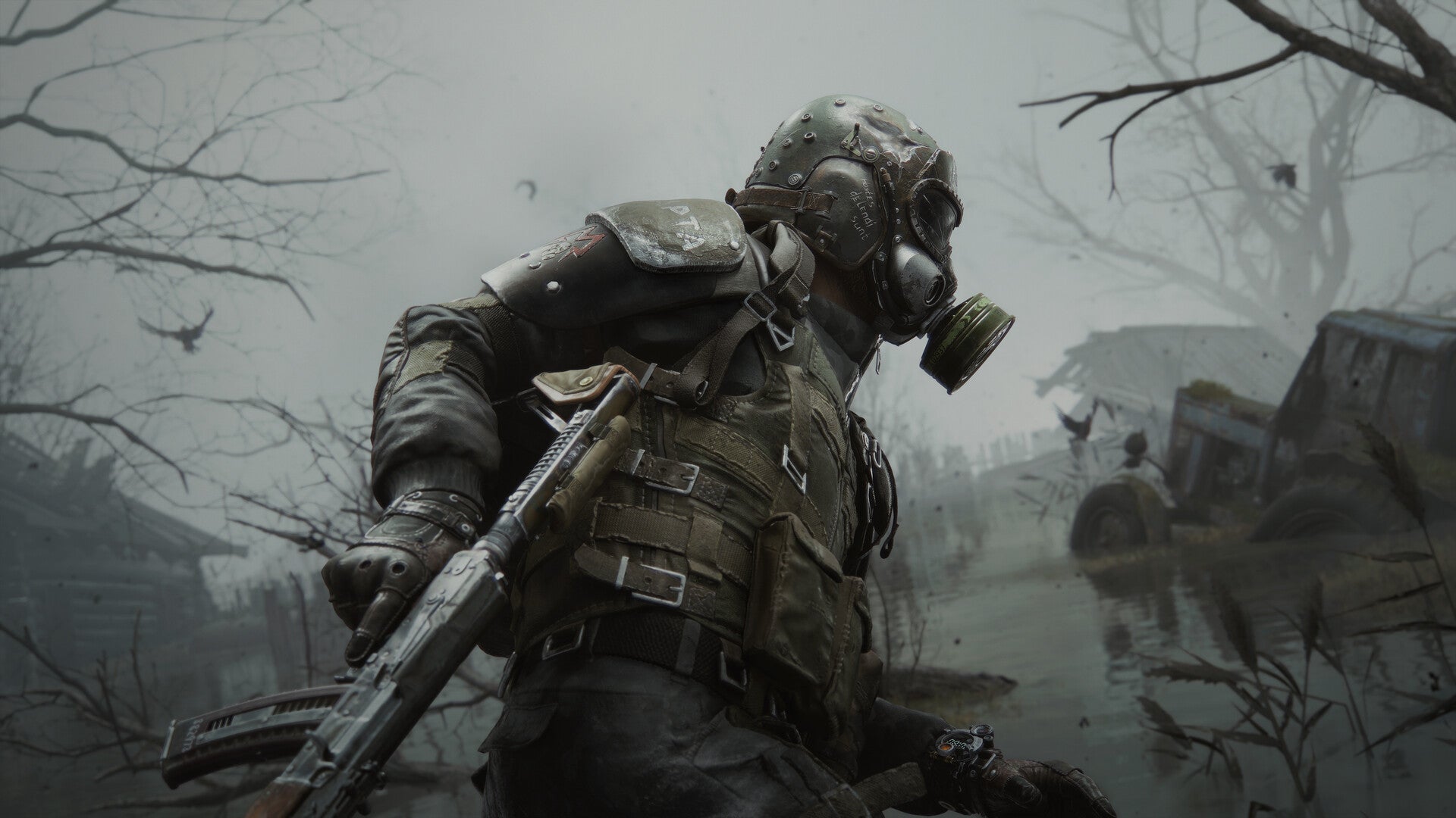 Metro 2039 official image showing a character in black combat uniform and gas mask from below