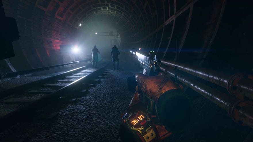 The player aims a silenced pistol at two human enemies in VR game Metro Awakening