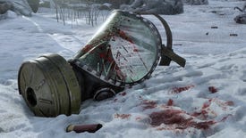 A blood-splattered gas mask lies discarded in snow in Metro Exodus