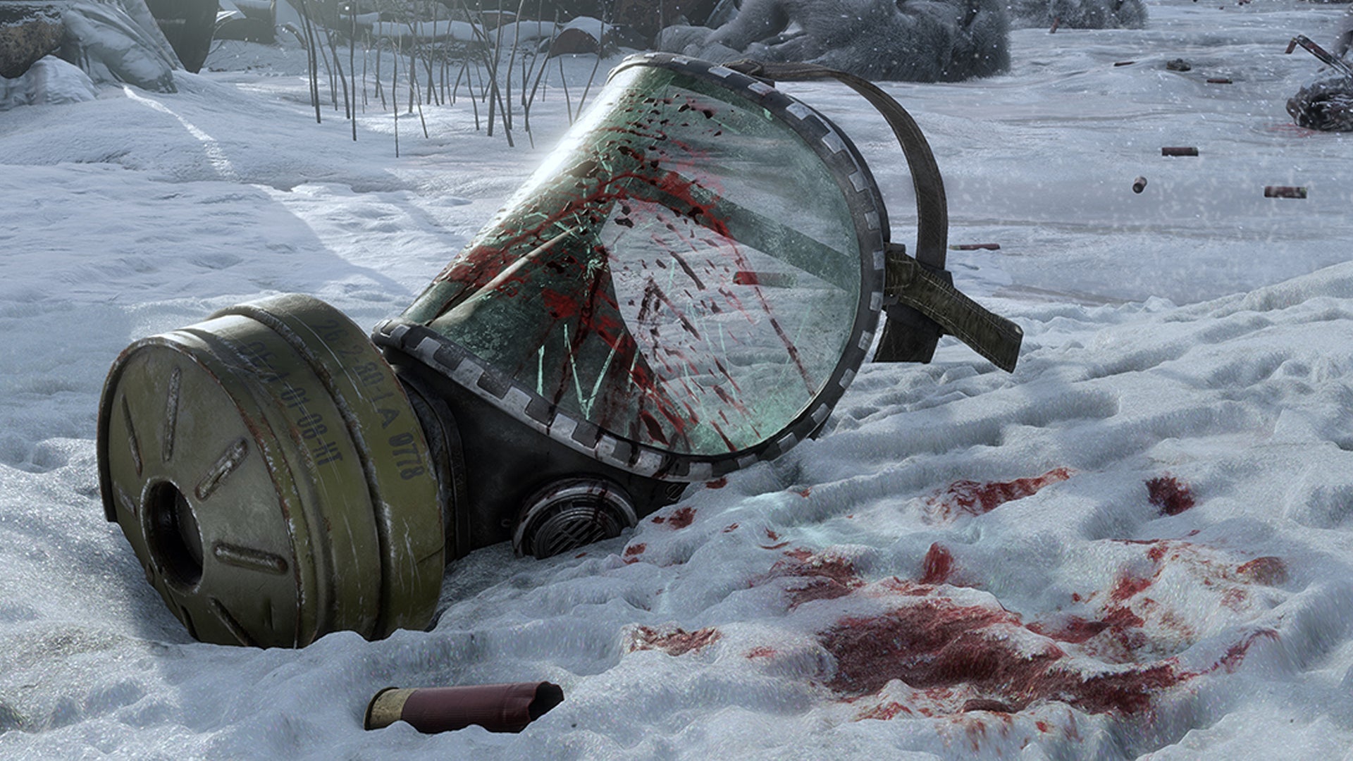 A blood-splattered gas mask lies discarded in snow in Metro Exodus - 1