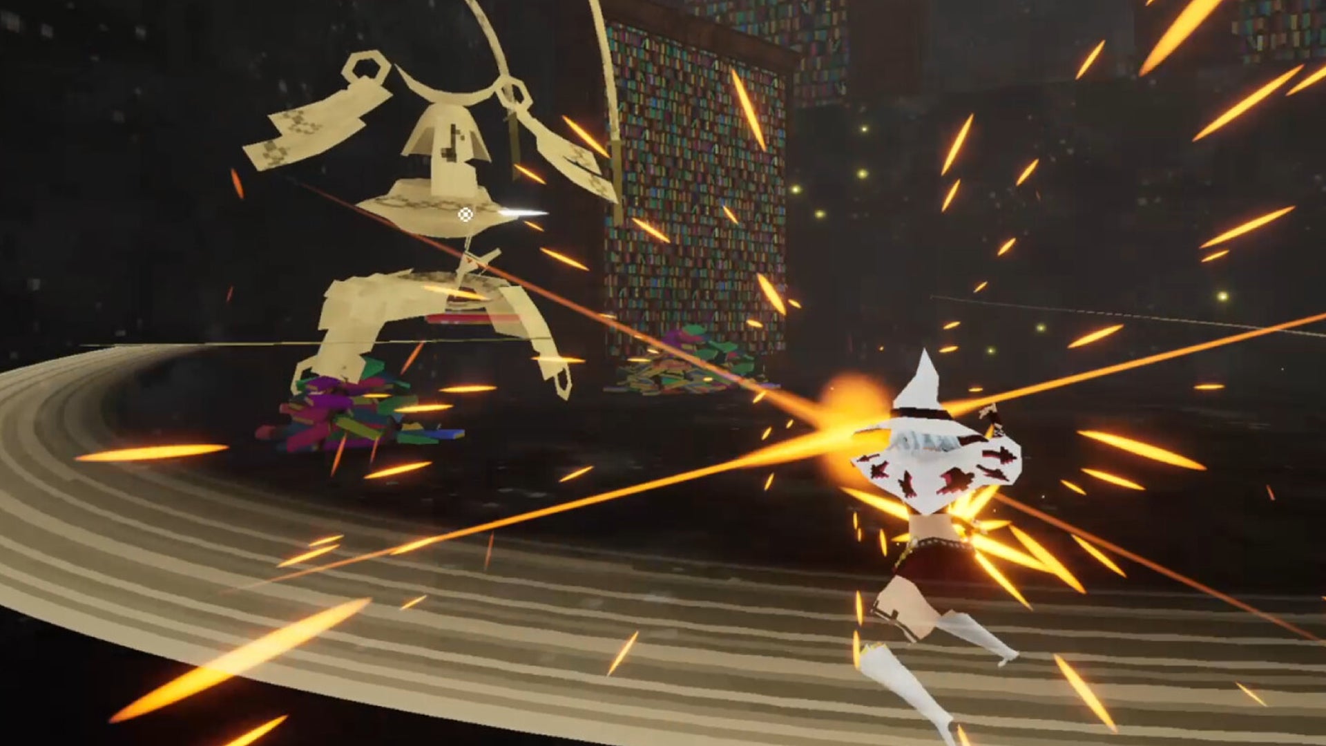 A woman in a small, white witchy hat is fighting some kind of strange automaton in Metro Gravity. - 1