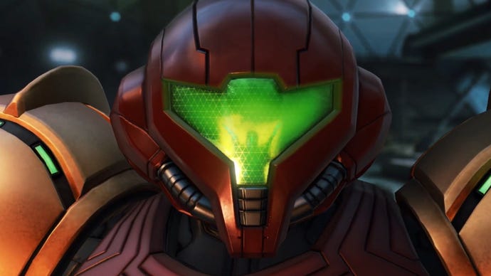 A close-up of Samus in her classic spacesuit in Metroid Prime 4: Beyond.