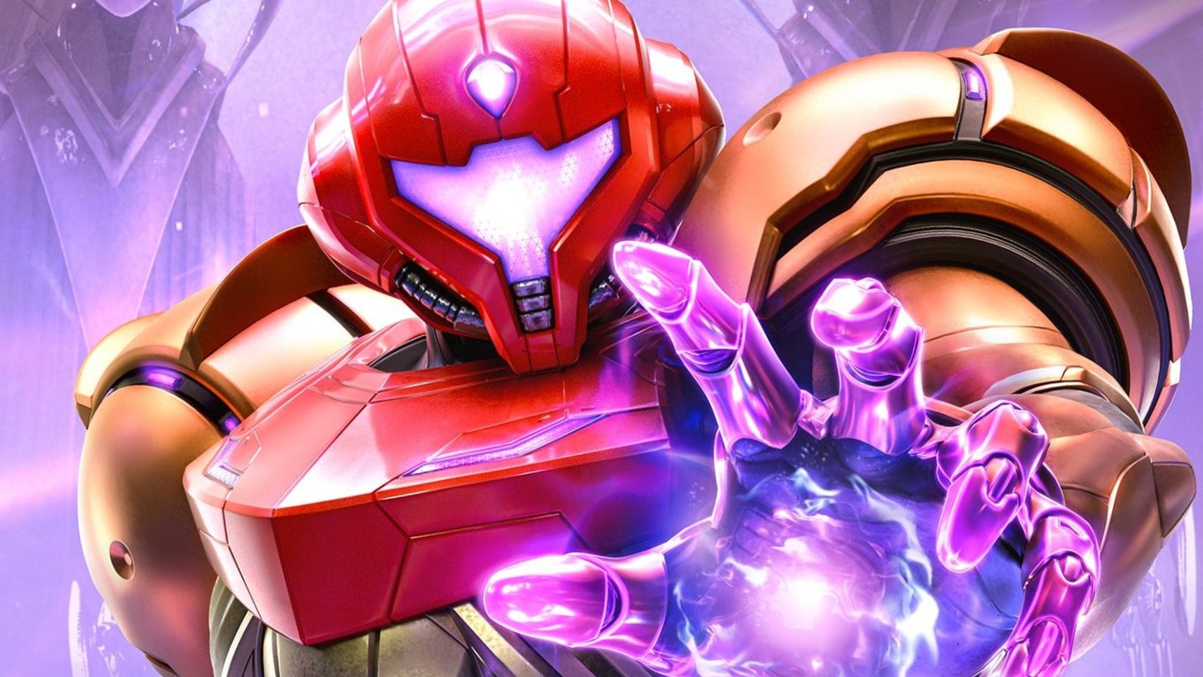 Metroid Prime 4: Beyond artwork showing Samus Aran reaching toward the screen with a glowing purple hand.